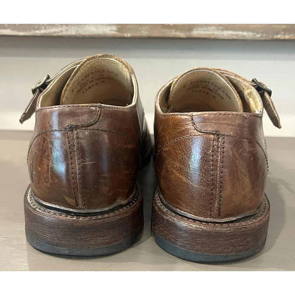 Frye Double Monk Strap Dress Shoes Mens Size 9D‎ Brown Leather Cap Toe Oxford
